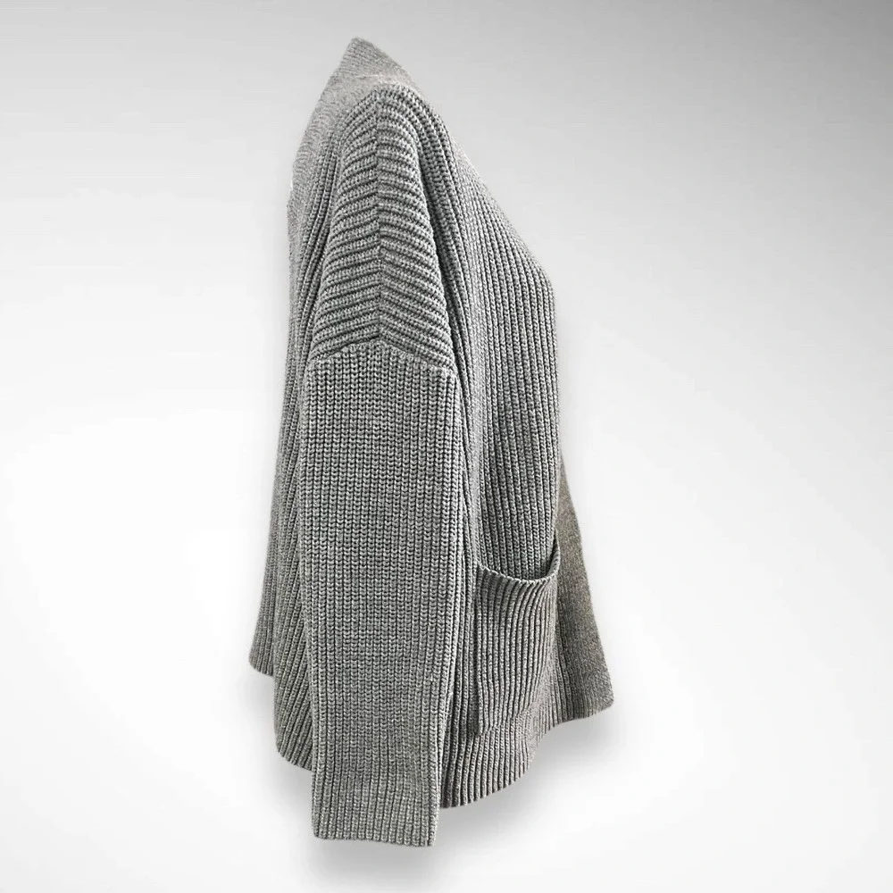 THE BEACH PEOPLE Gray Cable Knit Open Front Cardigan Embroidery‎ On Back | EUC